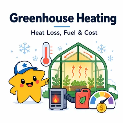 Greenhouse heating calculator with a star mascot, warm greenhouse, snow, thermometer, heater, fuel, and cost gauge