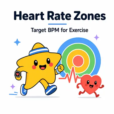 Heart rate zone calculator with a star mascot, heart monitor, and exercise zones