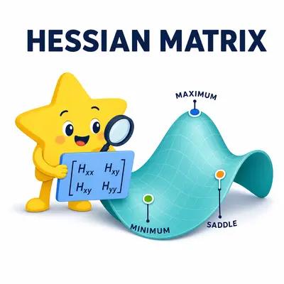 Yellow star mascot examining a Hessian matrix and classified critical points