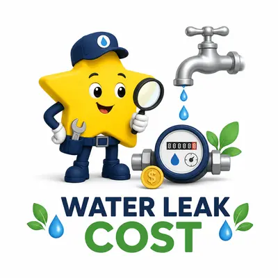 Home water leak waste and cost calculator with a dripping faucet, water meter, and calculator