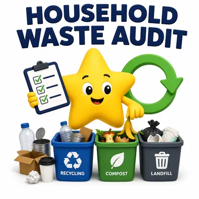 Yellow star mascot auditing household recycling, compost, and landfill bins