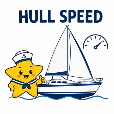 Yellow star sailor beside a displacement sailboat and speed gauge