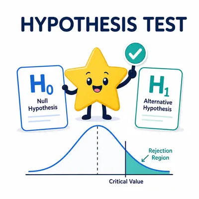Yellow star mascot comparing null and alternative hypotheses with a rejection region