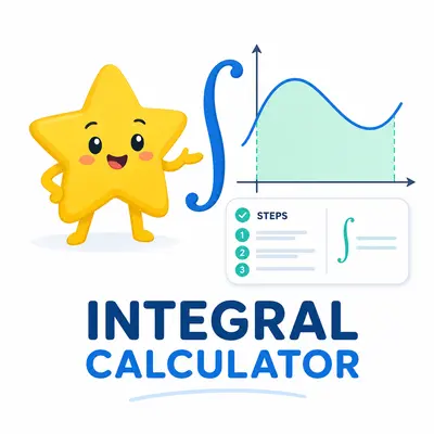 Yellow star mascot presenting an integral and shaded area under a graph