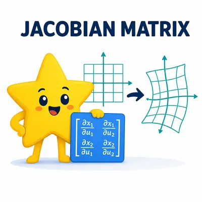 Yellow star mascot presenting a Jacobian matrix and transformed coordinate grid
