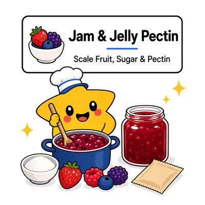 Jam and Jelly Pectin Calculator — Scale fruit, sugar, pectin, and separate batch sizes.