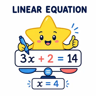 Yellow star mascot solving a linear equation step by step
