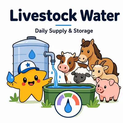Livestock water calculator with a star mascot, storage tank, trough, supply gauge, cow, horse, sheep, goat, and pig