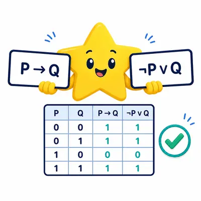 Yellow star mascot comparing two equivalent propositions above a matching truth table