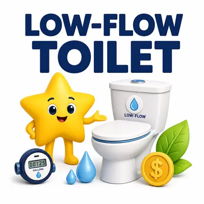 Low-flow toilet water savings calculator with an efficient toilet, water meter, and savings display