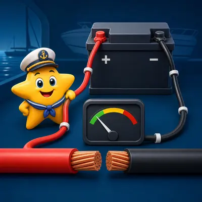 Marine battery, copper cables, and voltage gauge beside a star sailor