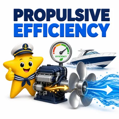 Yellow star sailor beside a marine engine, propeller, and propulsive efficiency gauge