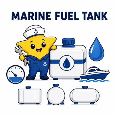 Yellow star sailor-mechanic beside marine fuel tanks and a capacity gauge