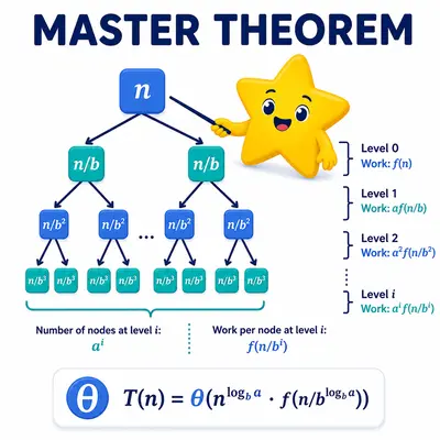 Yellow star mascot explaining a Master Theorem recurrence tree