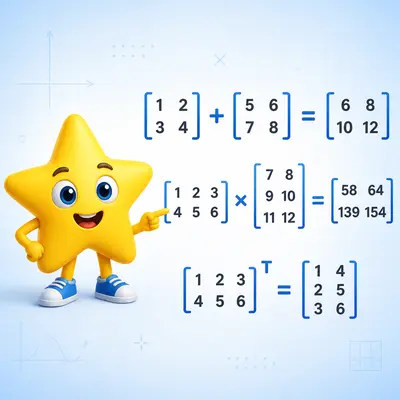 Yellow star mascot demonstrating matrix addition multiplication and transpose