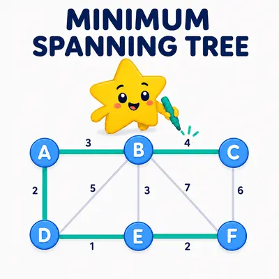 Yellow star mascot highlighting a minimum spanning tree in a weighted graph