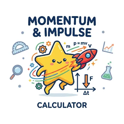 Science momentum and impulse calculator screenshot with p = mv, J = FΔt, and change in momentum modes