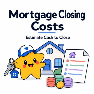 Mortgage closing costs calculator with a star mascot, house, keys, itemized document, and closing funds