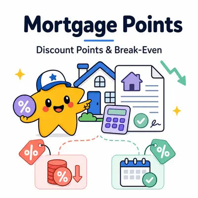 Mortgage points calculator with a star mascot, house, percentage token, rate arrow, and break-even calendar