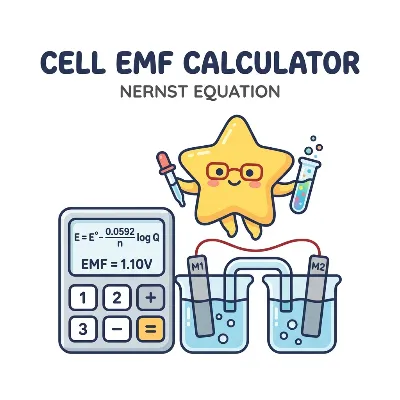 Science Nernst equation calculator screenshot for cell EMF, reaction quotient Q, and concentration cell voltage