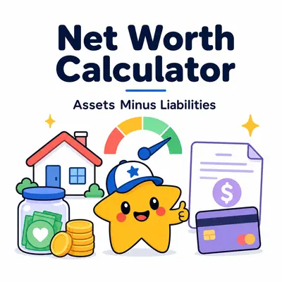 Net worth calculator with a star mascot, house, savings, liabilities, and progress gauge