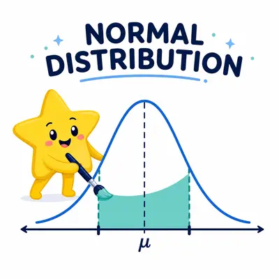 Yellow star mascot shading probability beneath a normal distribution curve