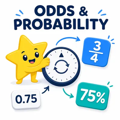Yellow star mascot converting fractional, decimal, and percentage odds