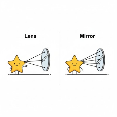 Lens / Mirror Equation Calculator preview showing a simple ray diagram