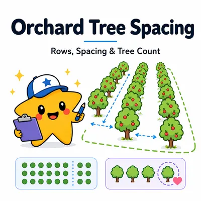 Orchard tree spacing calculator with a star mascot, fruit-tree rows, spacing arrows, field boundary, and tree tally