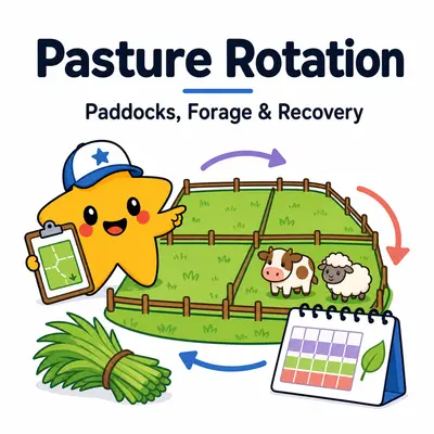 Pasture rotation planner with a star mascot, fenced paddocks, grazing animals, rotation arrows, forage, and recovery calendar