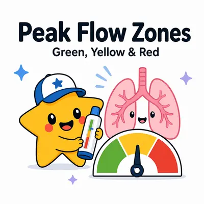 Peak flow zone calculator with a star mascot, peak flow meter, lungs, and green yellow red zones