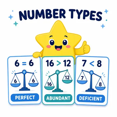 Yellow star mascot comparing perfect, abundant, and deficient numbers