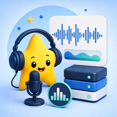 Podcast file size calculator with a microphone, waveform, and storage drives