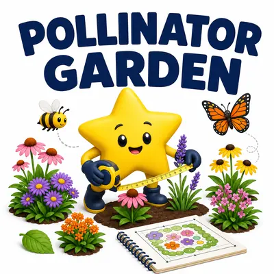 Pollinator garden size and plant planner for bed area, spacing, species groups, and seasonal bloom balance