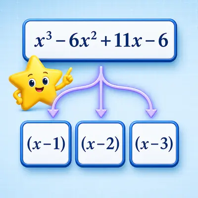 Yellow star mascot splitting a cubic polynomial into three linear factors