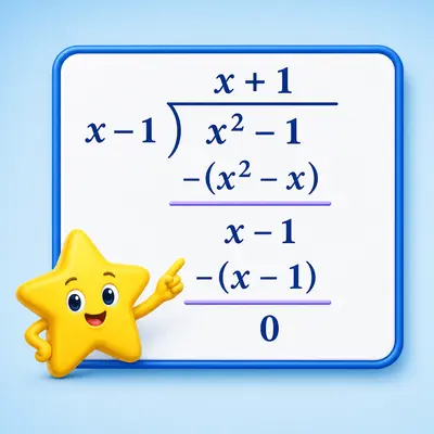 Yellow star mascot explaining an exact polynomial long division example