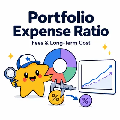 Portfolio expense ratio calculator with a star mascot, allocation chart, fee tokens, and long-term growth lines