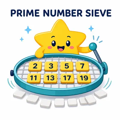 Yellow star mascot filtering prime numbers through a sieve