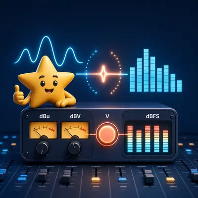 Professional audio level converter for dBu, dBV, volts, and dBFS