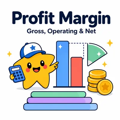 Profit margin calculator with a star mascot, revenue and expense bars, margin gauge, and coins
