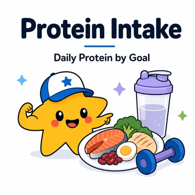 Protein intake calculator with a star mascot, protein foods, shaker bottle, and dumbbell