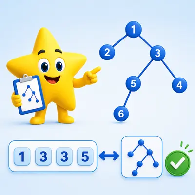 Yellow star mascot presenting a labeled tree and its Prüfer code