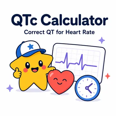 QTc calculator with a star mascot, heart, ECG waveform, and clock