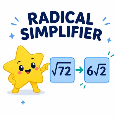 Yellow star mascot simplifying the square root of 72 to 6 square root 2