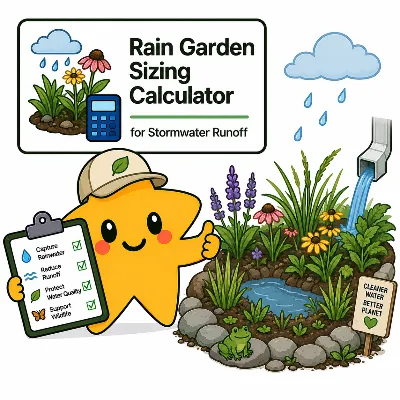 Environment rain garden sizing calculator for stormwater runoff area, ponding depth, and infiltration