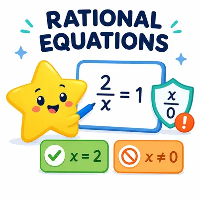Yellow star mascot solving a rational equation with a domain restriction