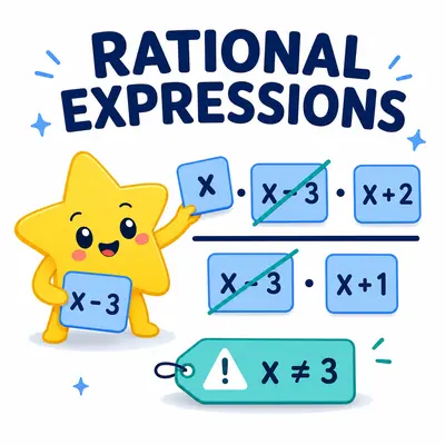 Yellow star mascot cancelling common factors in a rational expression