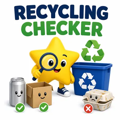 Yellow star mascot checking recyclable items and separating a contaminated container