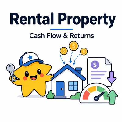 Rental property calculator with a star mascot, rental house, keys, rent coins, expenses, and return gauge
