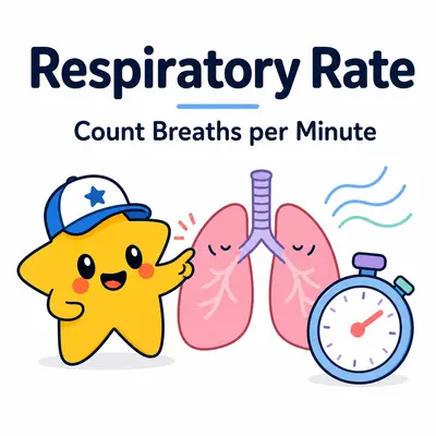 Respiratory rate counter with a star mascot, lungs, breathing lines, and stopwatch